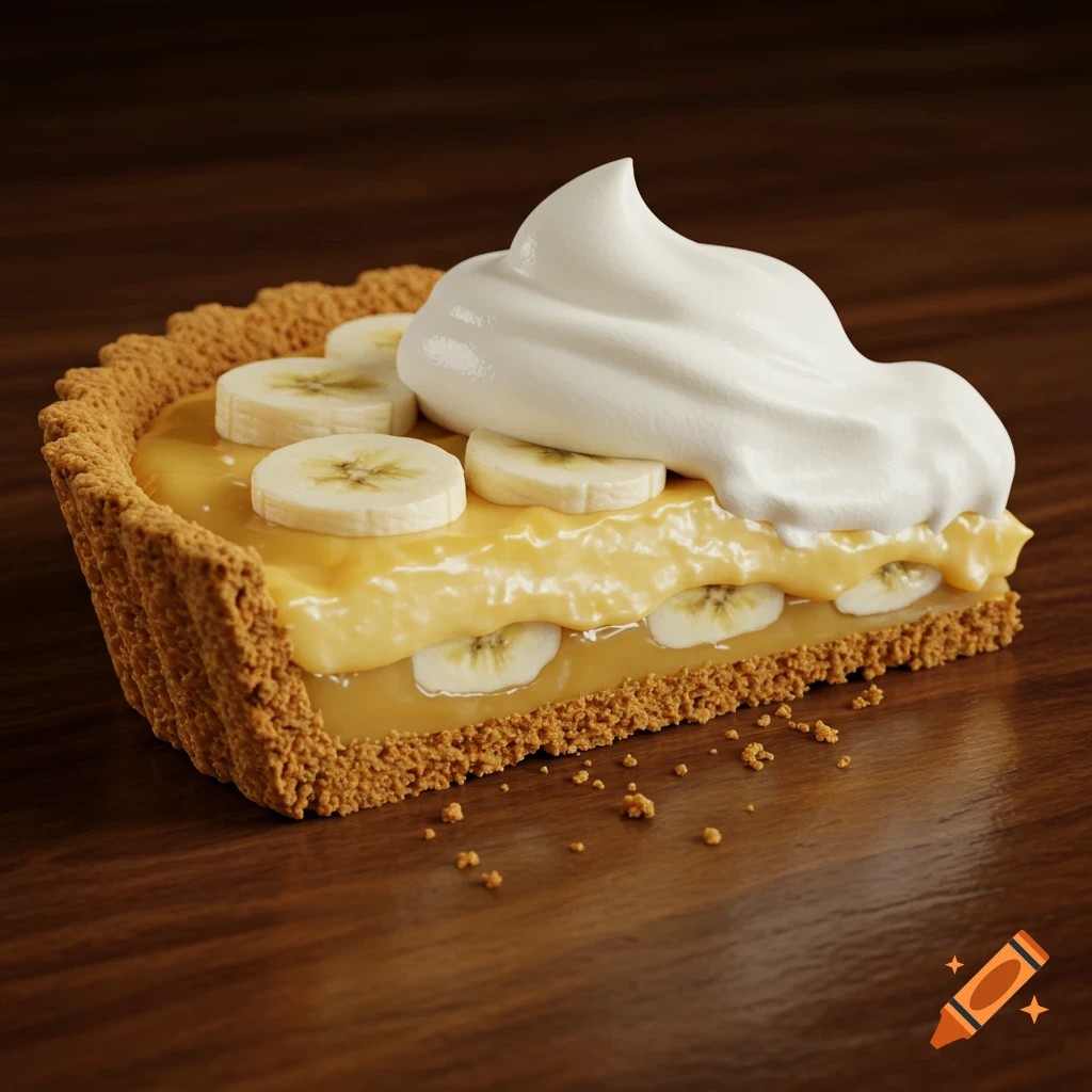 A delicious-looking slice of banana cream pie with whipped cream and banana slices on a wooden table, with crumbs around its base.
