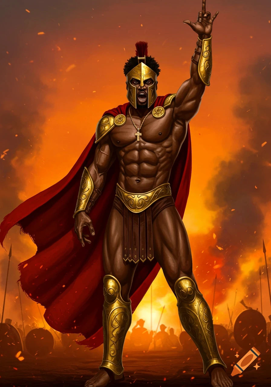 Muscular Black man in golden Spartan armor and red cape, making a hand sign against a fiery background with soldiers.