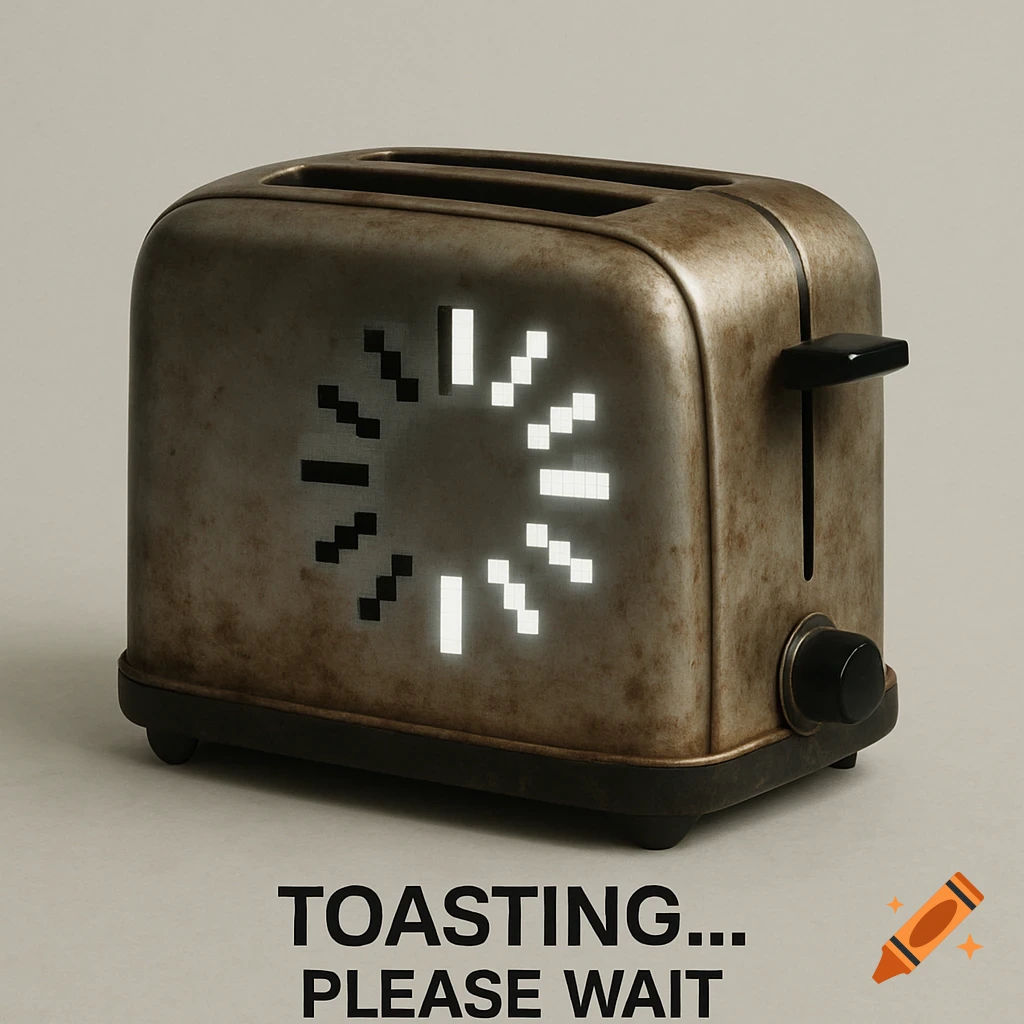 Photorealistic vintage toaster with a glowing pixelated loading spinner and text 'TOASTING... PLEASE WAIT' below.