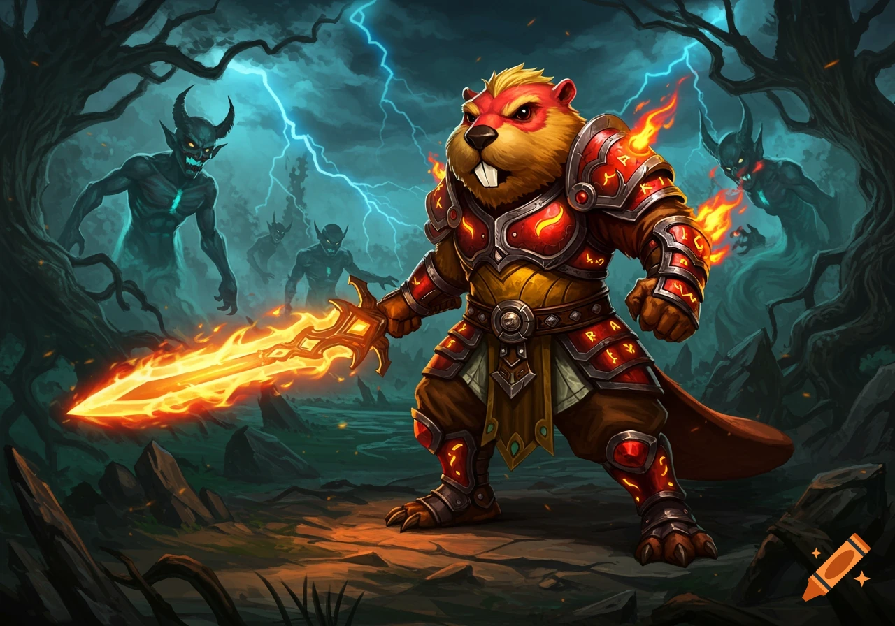 A muscular beaver warrior in red and gold armor with a flaming sword battles dark demons under a stormy sky with lightning.