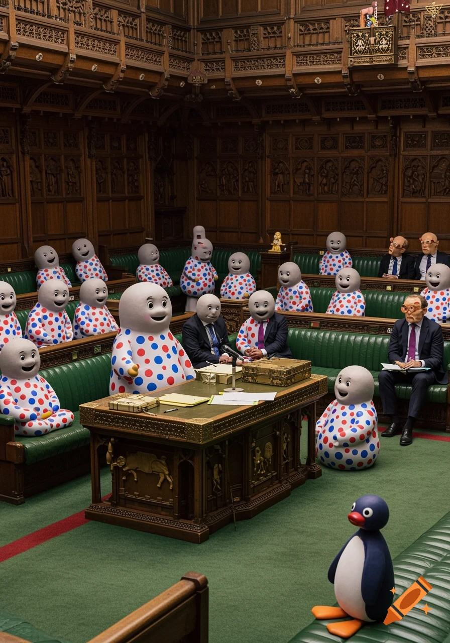 Photorealistic scene of Mr Blobby and Noel Edmonds characters in the UK House of Commons, with Pingu as the speaker.