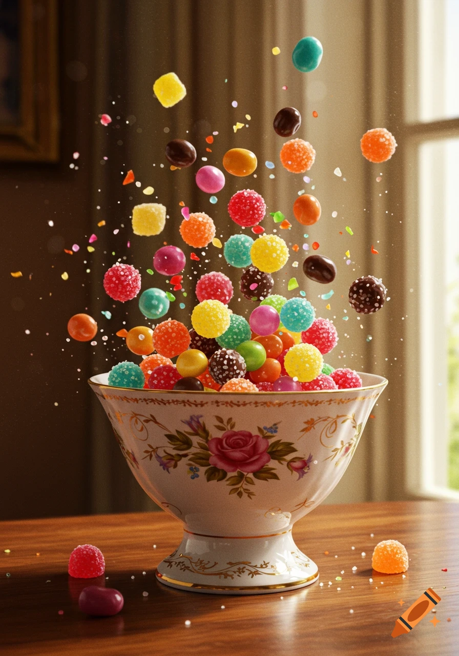 Colorful candies and sprinkles float out of an ornate bowl onto a wooden table near a sunlit window, in a photorealistic style.