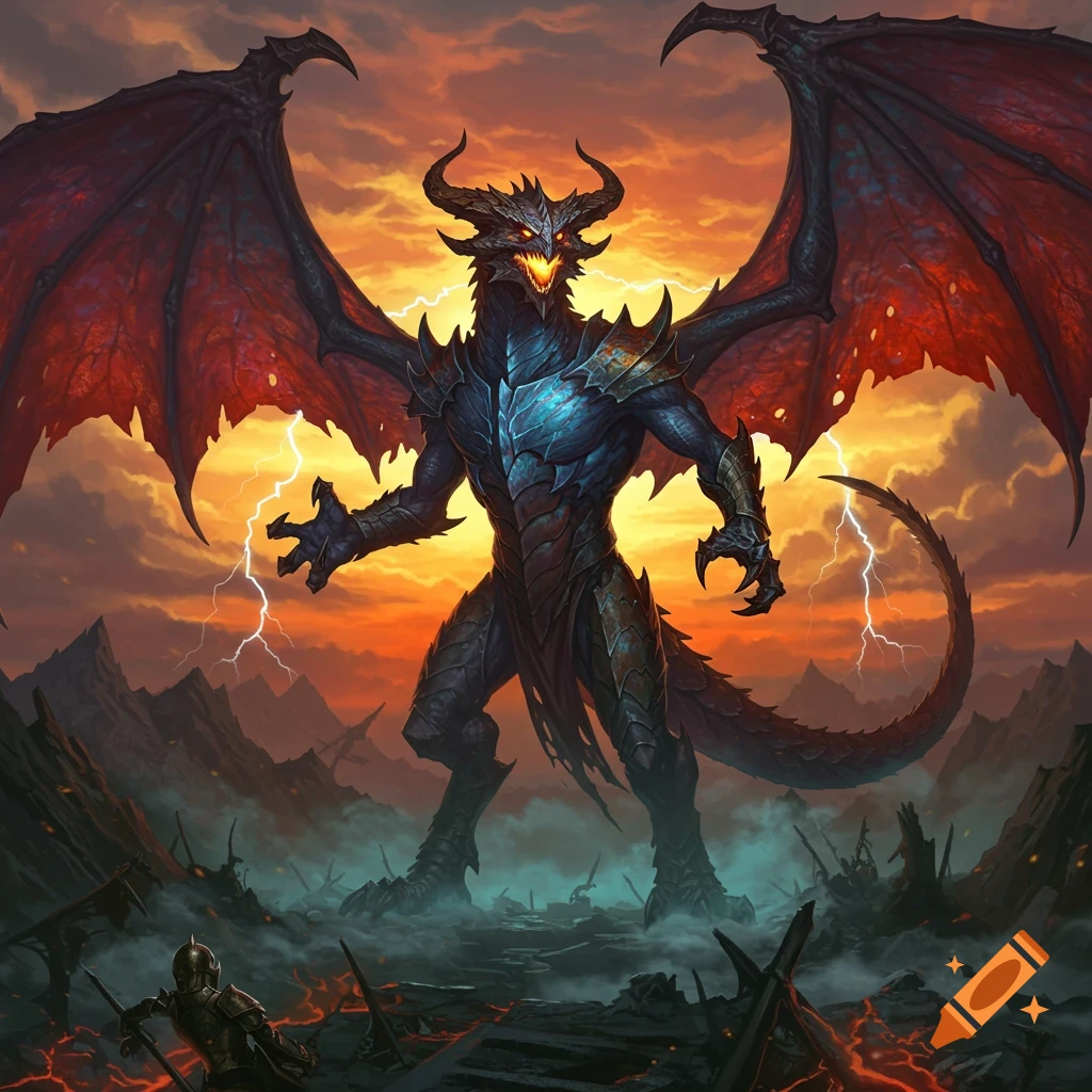 A massive dark dragon-like creature with red wings and glowing eyes stands over a small warrior in a fiery, lightning-struck wasteland.