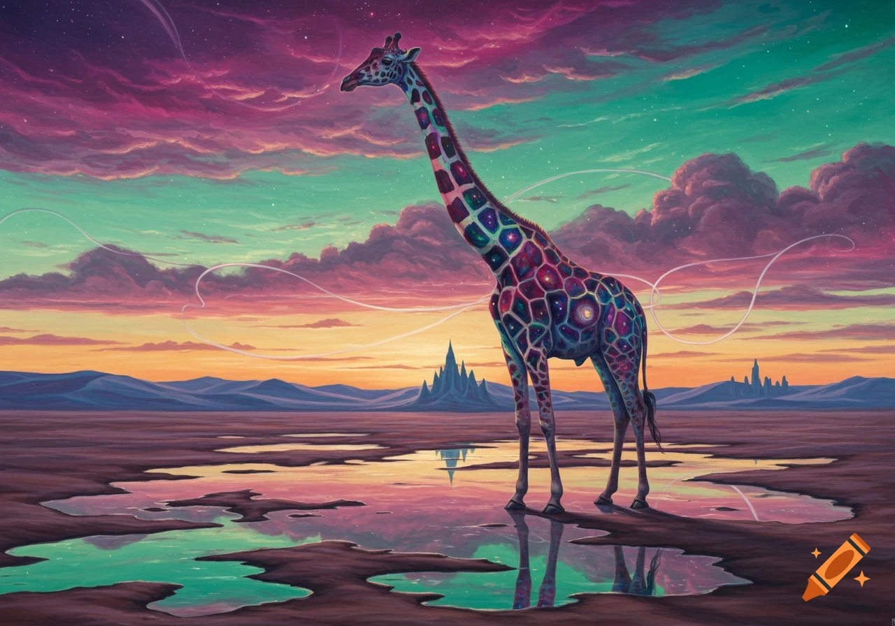 Surreal painting of a giraffe with cosmic patterns, standing in a vibrant landscape with colorful puddles reflecting a purple and orange sky.