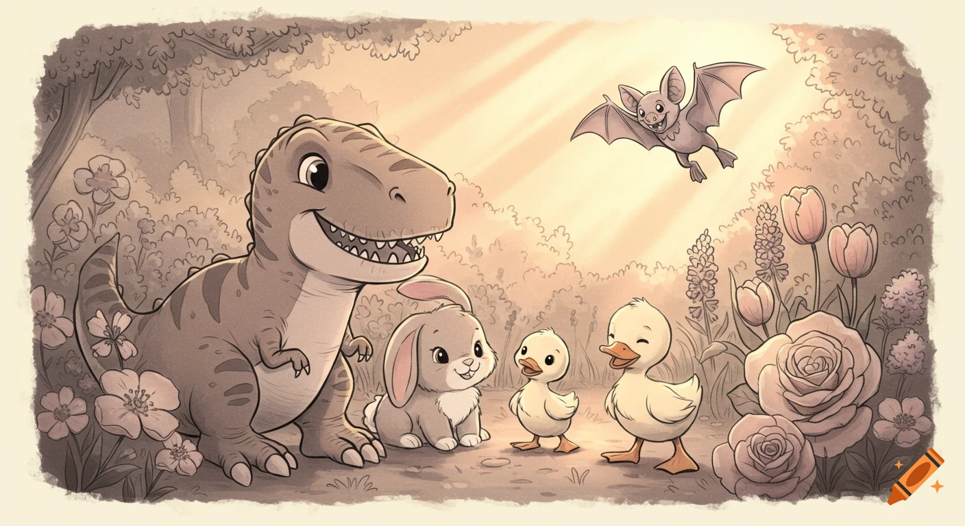 A child-friendly cartoon of a smiling T-Rex, a bunny, two ducklings, and a bat in a sunny forest with flowers, in a sepia-toned illustration style.