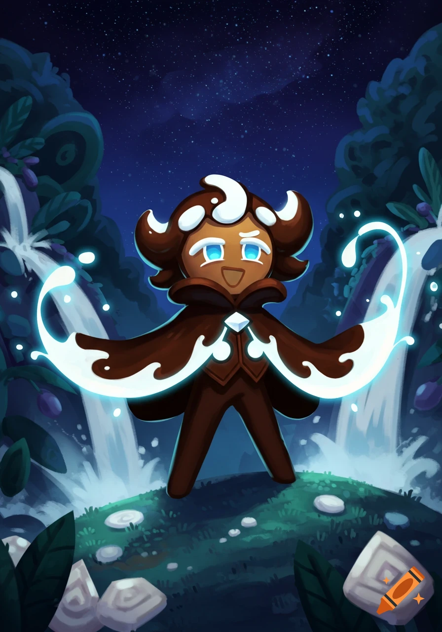 A cartoon cookie character with white frosting hair and blue eyes stands in a glowing forest at night with waterfalls.
