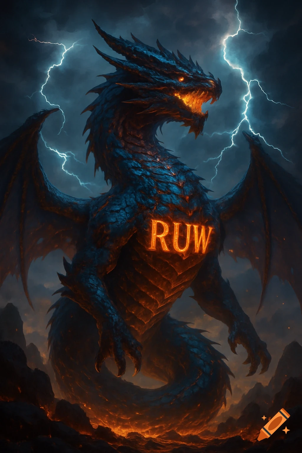 An imposing elemental dragon with glowing letters 'RUW' on its chest, surrounded by lightning and lava.