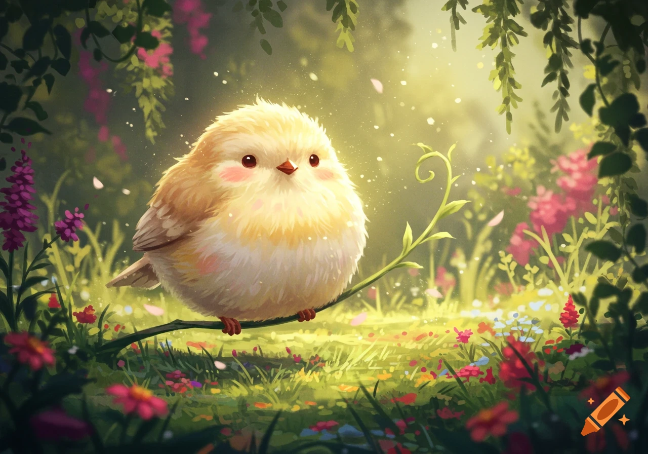 A cute, fluffy yellow bird with pink cheeks perches on a branch in a sunlit, magical forest with colorful flowers.