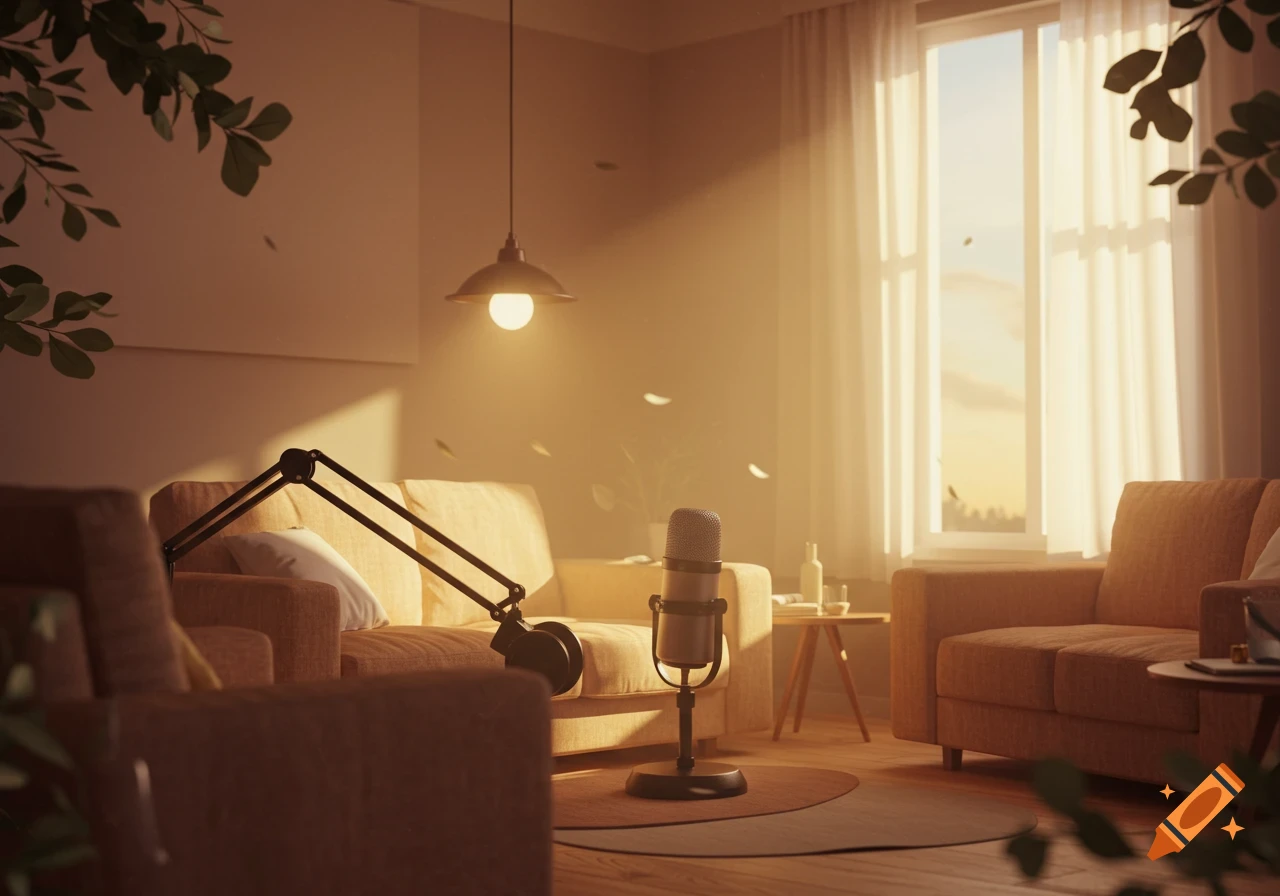 A warm, sunlit living room with two sofas, a large window, and a microphone on a stand, suggesting a cozy podcast setup.