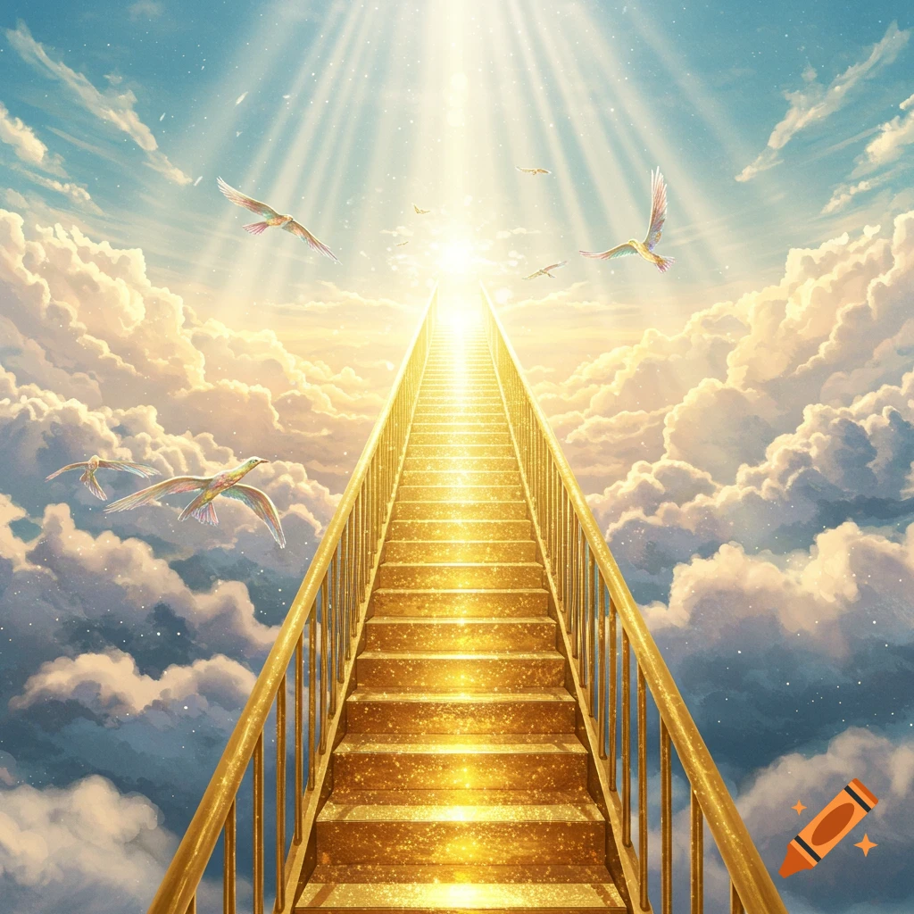 A gleaming golden staircase ascends into a bright, sun-drenched sky filled with soft white clouds and birds flying around.