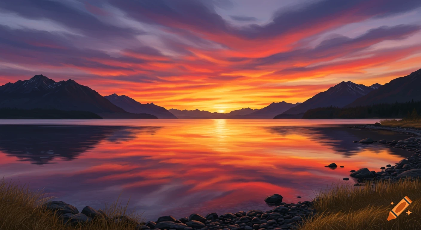 A vibrant sunset illuminates a calm lake, reflecting orange, red, and purple clouds, with dark mountains silhouetted in the background.