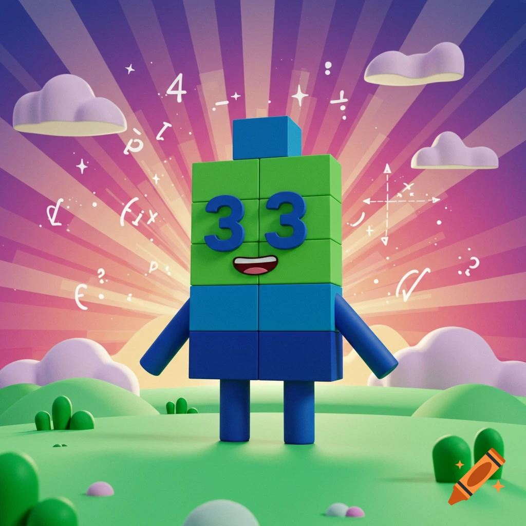 A colorful, block-shaped character resembling Numberblock 33 stands in a vibrant cartoon landscape with mathematical symbols floating around.