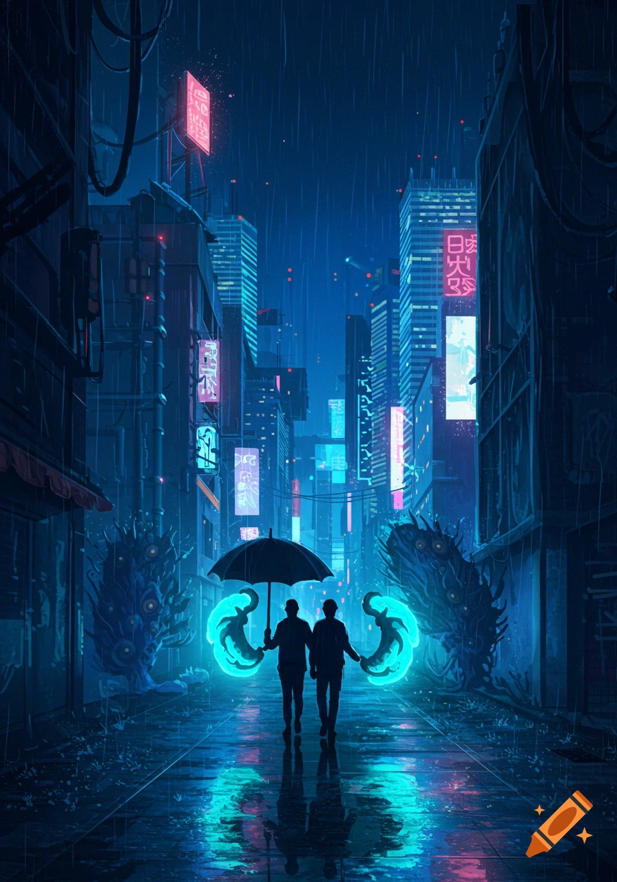Two silhouetted figures walk with an umbrella down a rainy, neon-lit cyberpunk city street, flanked by glowing water monsters.