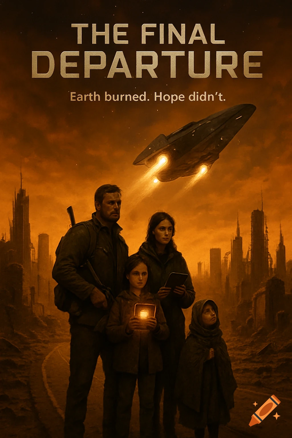 A family stands in a ruined city under an orange sky, looking up at a departing spaceship with the title "The Final Departure" above them.