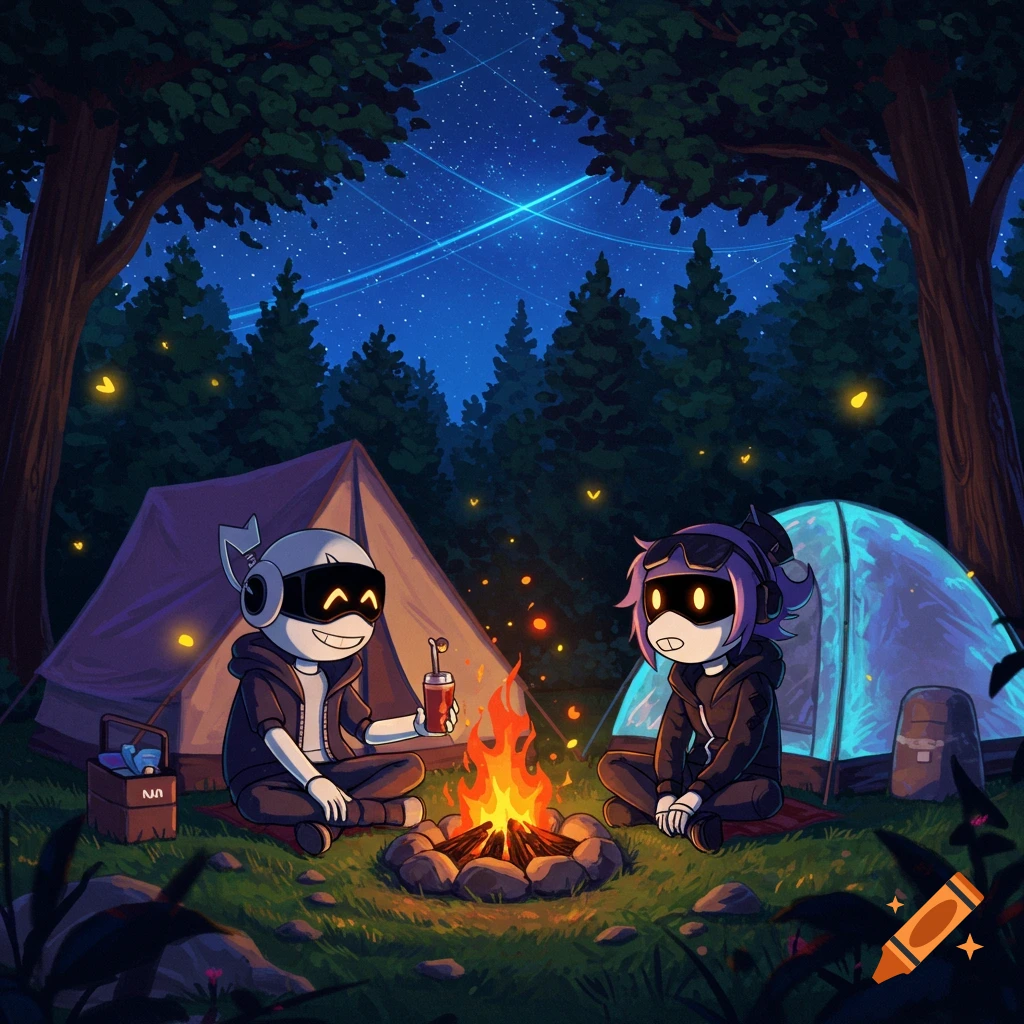 Anime-style robots N and Uzi camping at night by a campfire in a forest with tents.