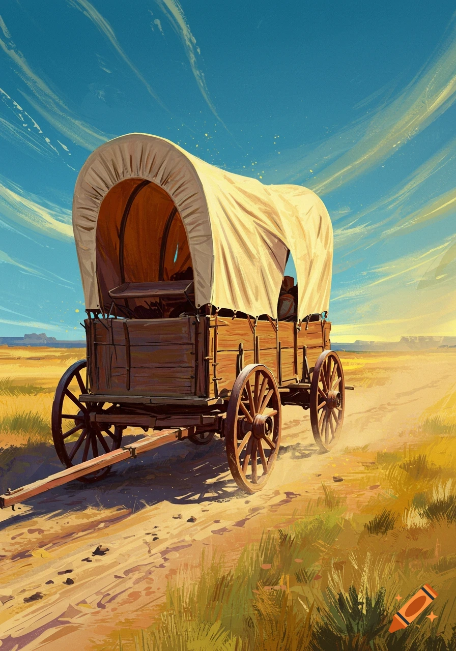 A covered wagon on a dirt road in a sunny, dry landscape, rendered in a stylized painterly fashion.