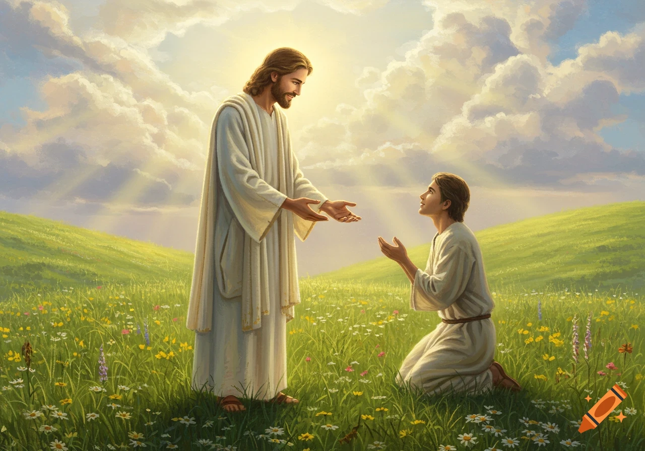 Jesus, bathed in light, extends his hands to a man kneeling in a flower-filled grassy field under a cloudy sky.
