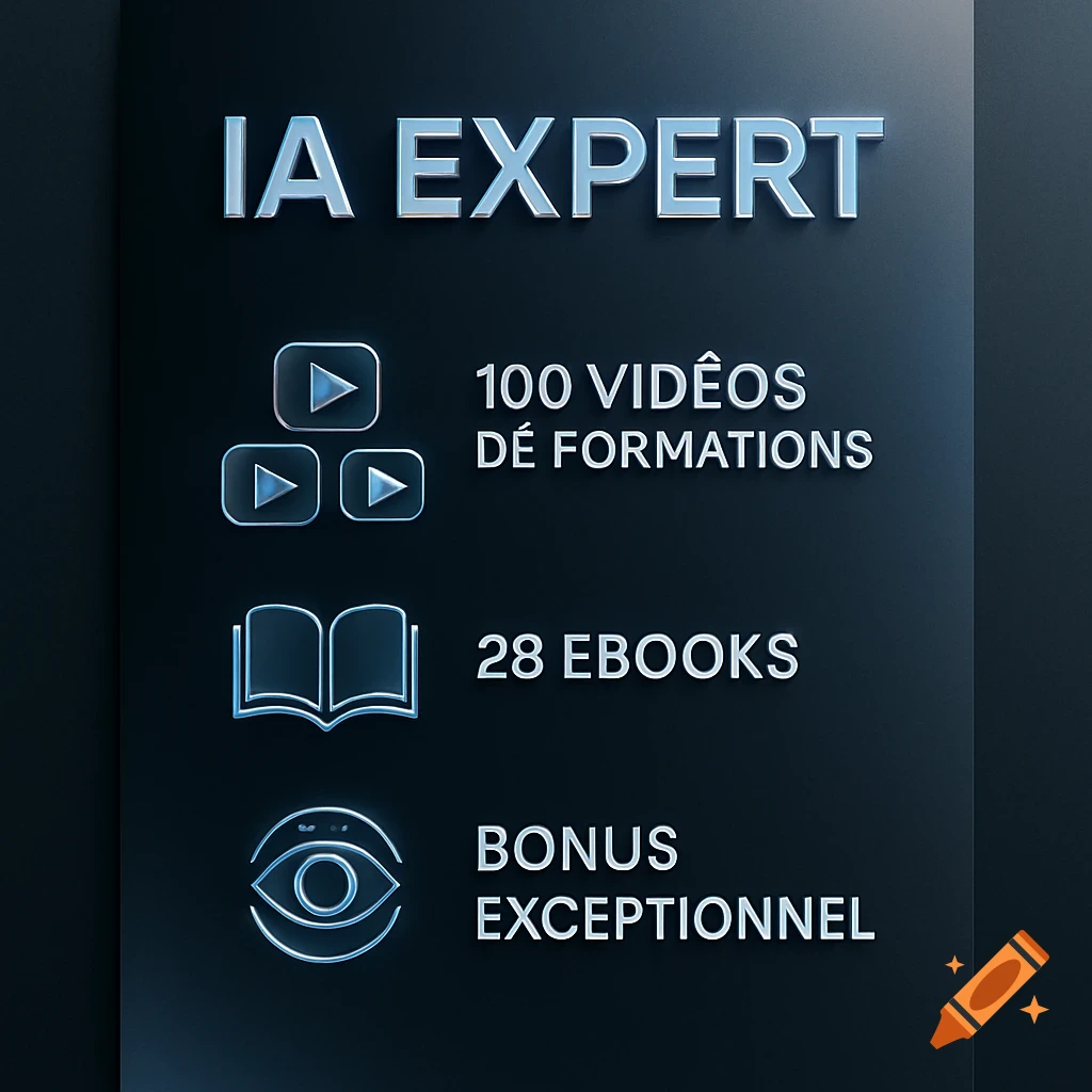 Digital flyer for 'IA EXPERT' featuring 100 training videos, 28 ebooks, and an exceptional bonus, with metallic blue text and icons on a dark background.
