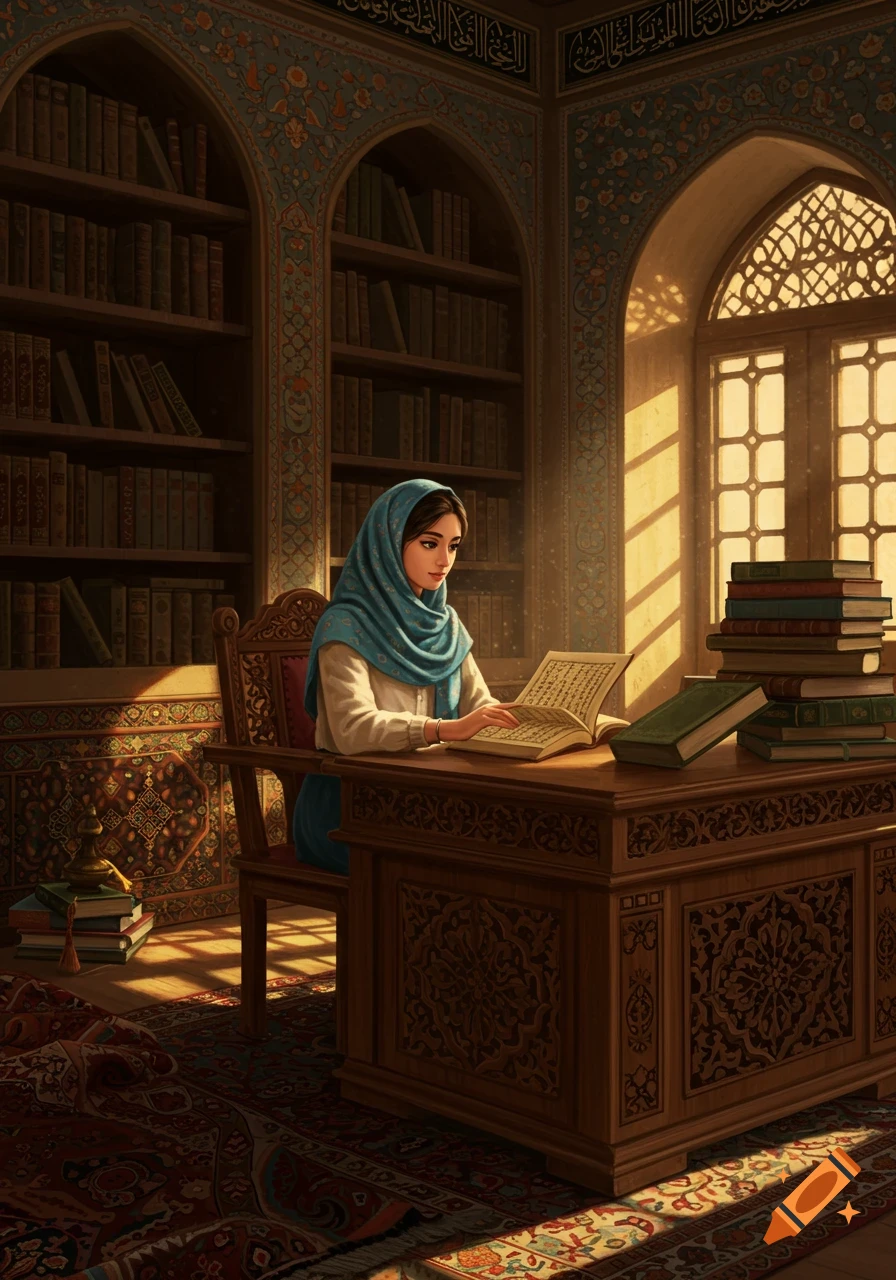 A young woman in a teal headscarf reads an open book at a carved wooden desk in a richly decorated, sunlit library with bookshelves and arched windows.