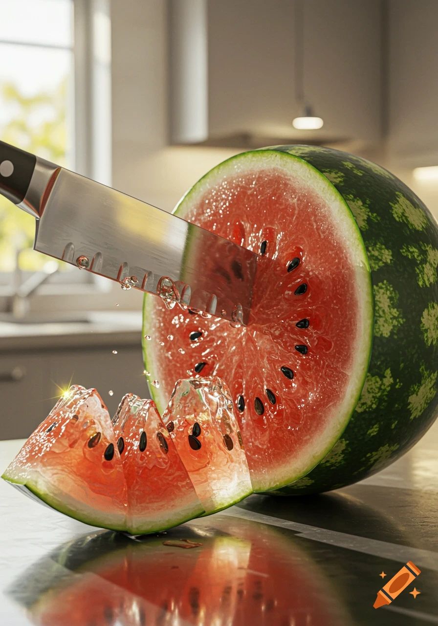 A shiny, vibrant watermelon being sliced on a kitchen counter, with clear water droplets splashing from the cut.