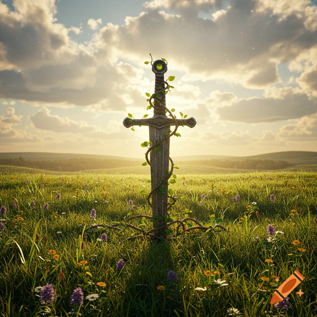 A weathered stone sword with green vines wrapped around it stands upright in a lush green field filled with wildflowers under a cloudy sky.