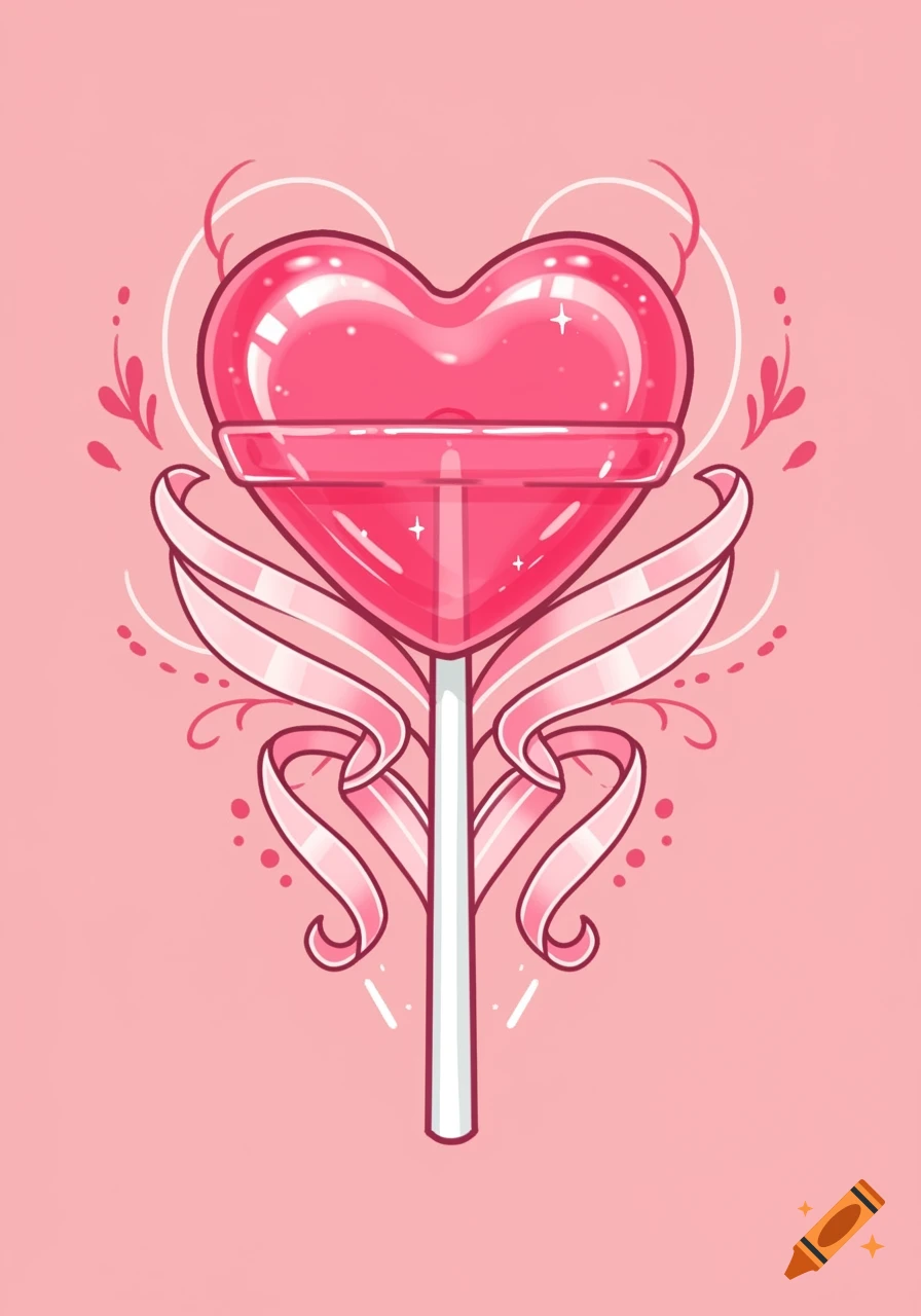 A pink heart-shaped lollipop with a white stick, adorned with ribbons and decorative swirls, on a lighter pink background. Illustrated in a clean, glossy style.