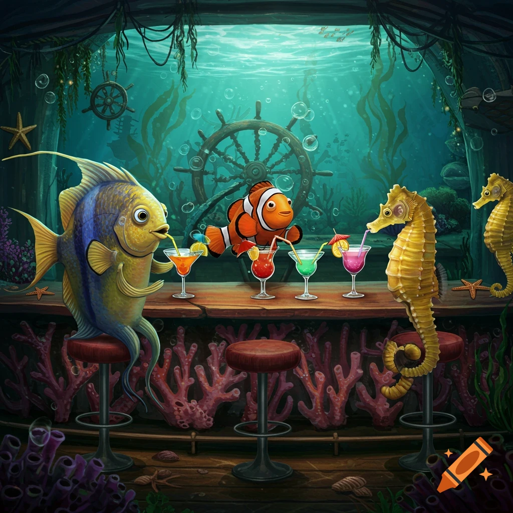 A vibrant cartoon of an underwater bar scene where various fish and seahorses enjoy colorful drinks at a wooden bar.