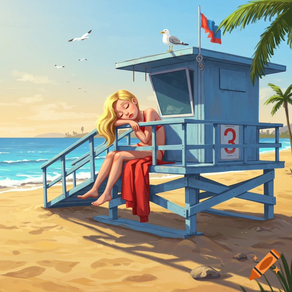 A blonde woman in a red swimsuit sleeps on a blue lifeguard stand at a sunny beach.
