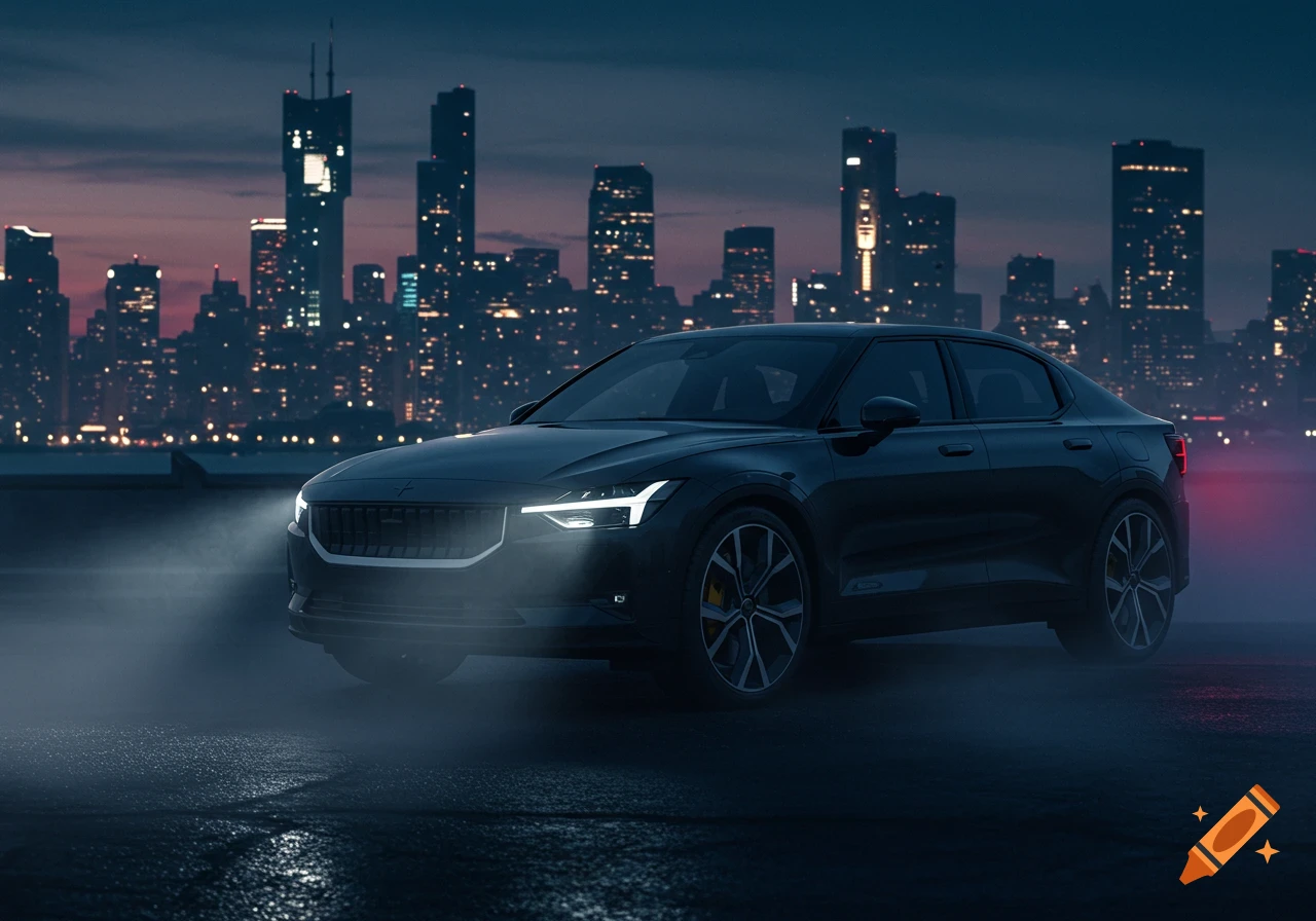 A dark Polestar 2 car with glowing headlights parked on a wet street at night, with a blurry city skyline in the background.