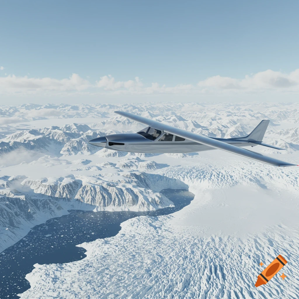 A minimalist silver plane flies over a vast snowy glacier and icy water in a mountainous landscape under a blue sky.