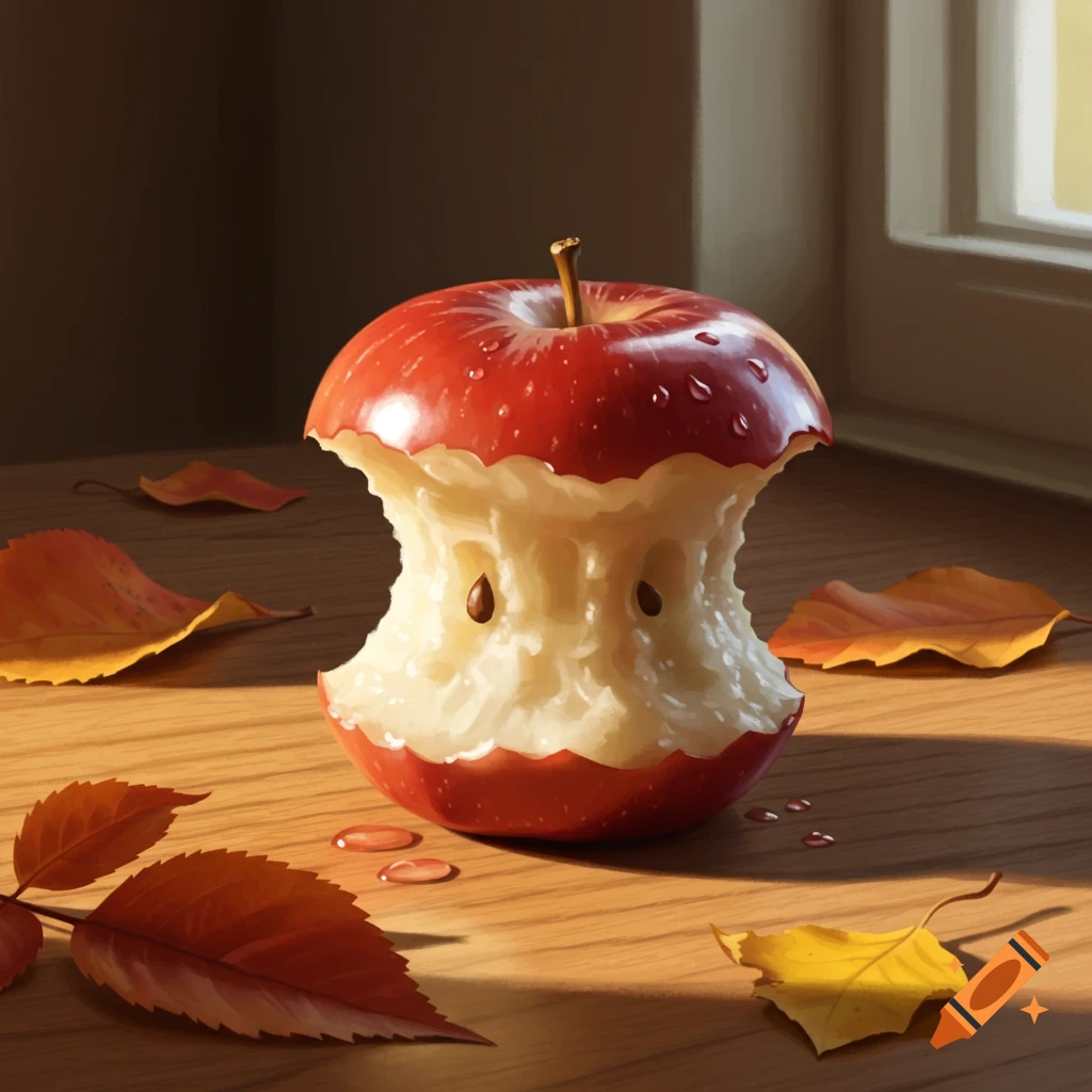 A still life painting of a red bitten apple on a wooden table, surrounded by autumn leaves and glistening water droplets.