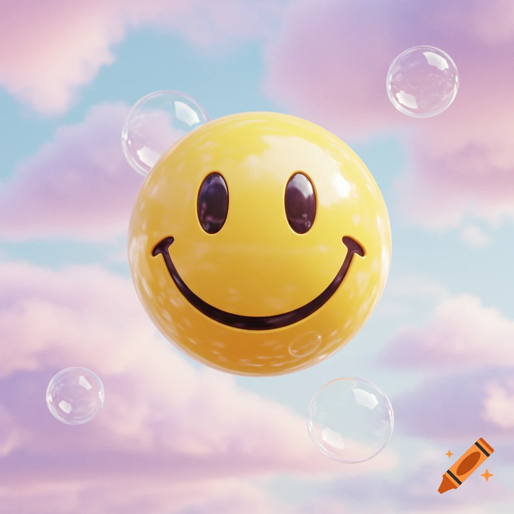 A 3D yellow smiley face with black eyes and a smile floats amidst clear bubbles against a pastel pink and blue cloudy sky.