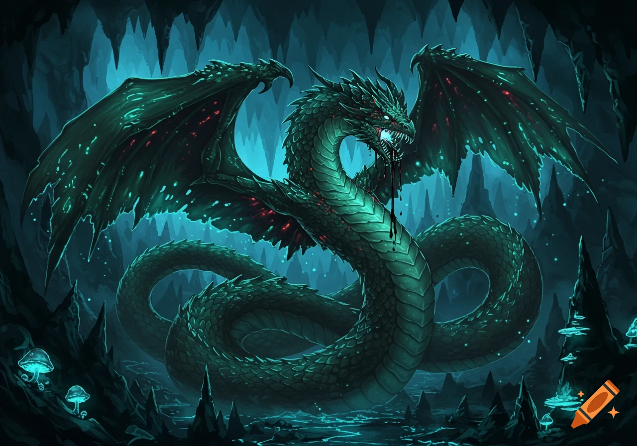 A large, green serpent-like dragon with wings and glowing red eyes, dripping blood, in a dark, glowing blue cavern with bioluminescent mushrooms, fantasy art.