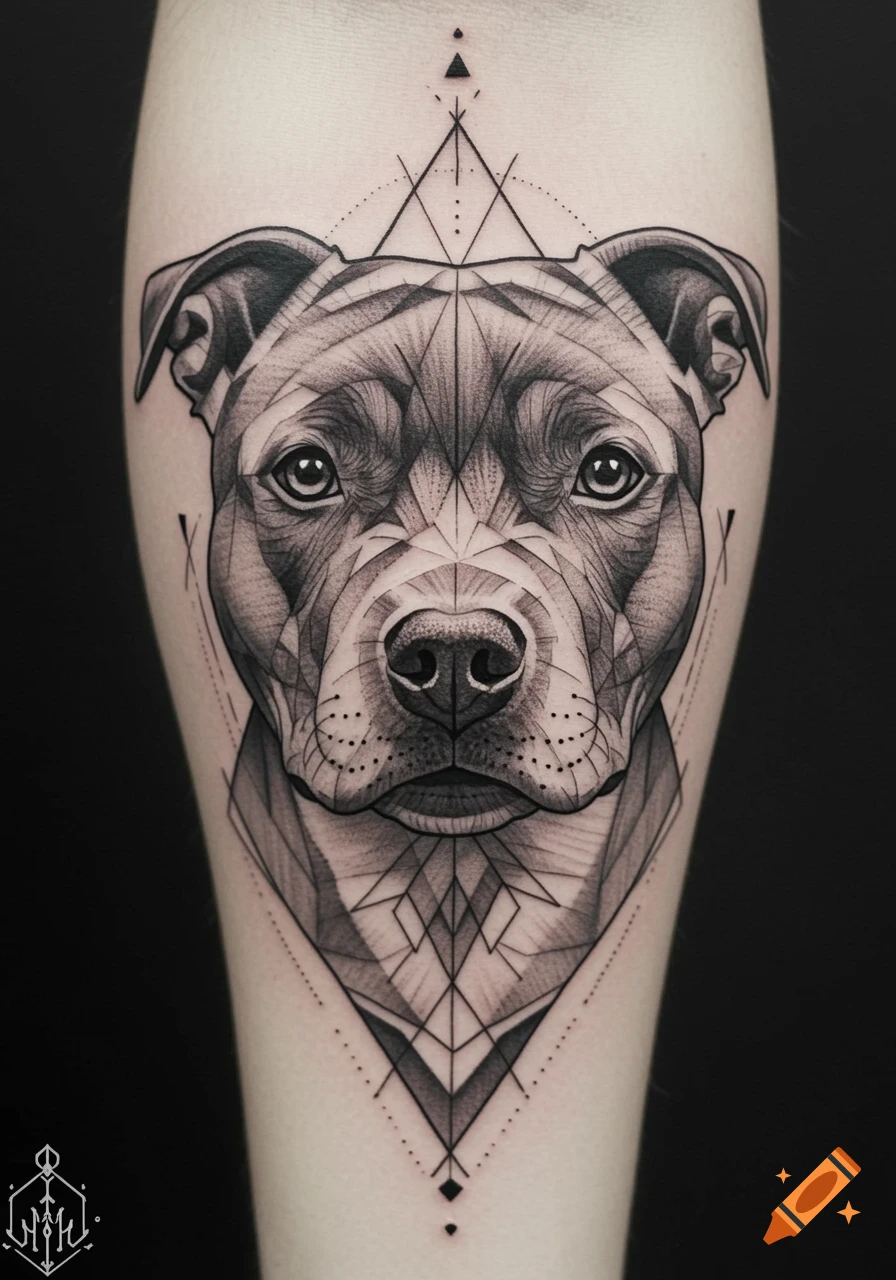 A black and white geometric tattoo of a Staffordshire bull terrier's face, featuring sharp lines and intricate shading on skin.