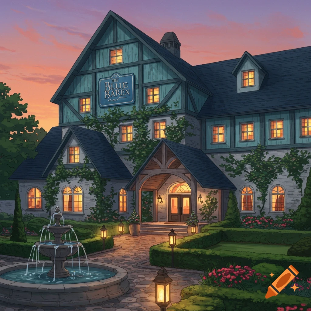 An illustrated hotel building named The Blue Baren at dusk, featuring a fountain and a manicured garden.