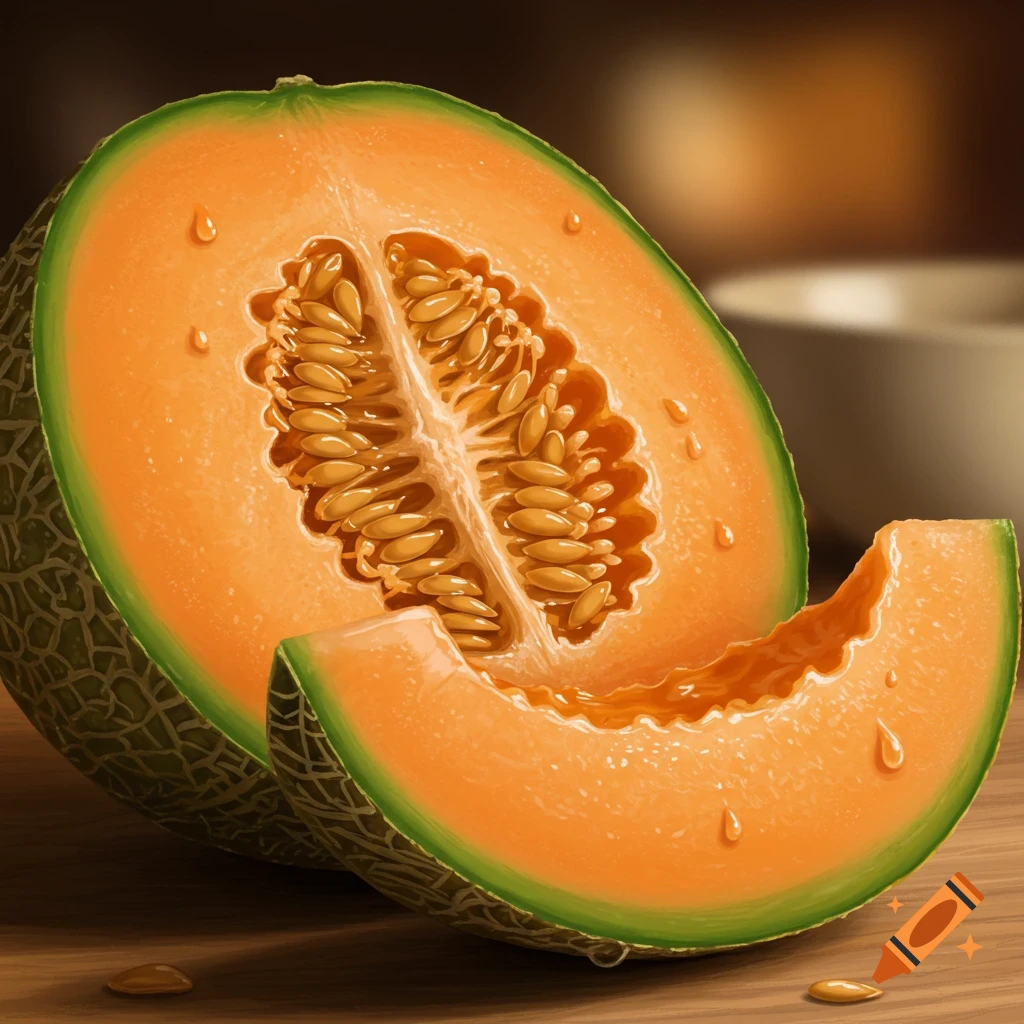 A photorealistic close-up of a halved cantaloupe with a separate wedge, featuring water droplets on its orange flesh, on a wooden surface.