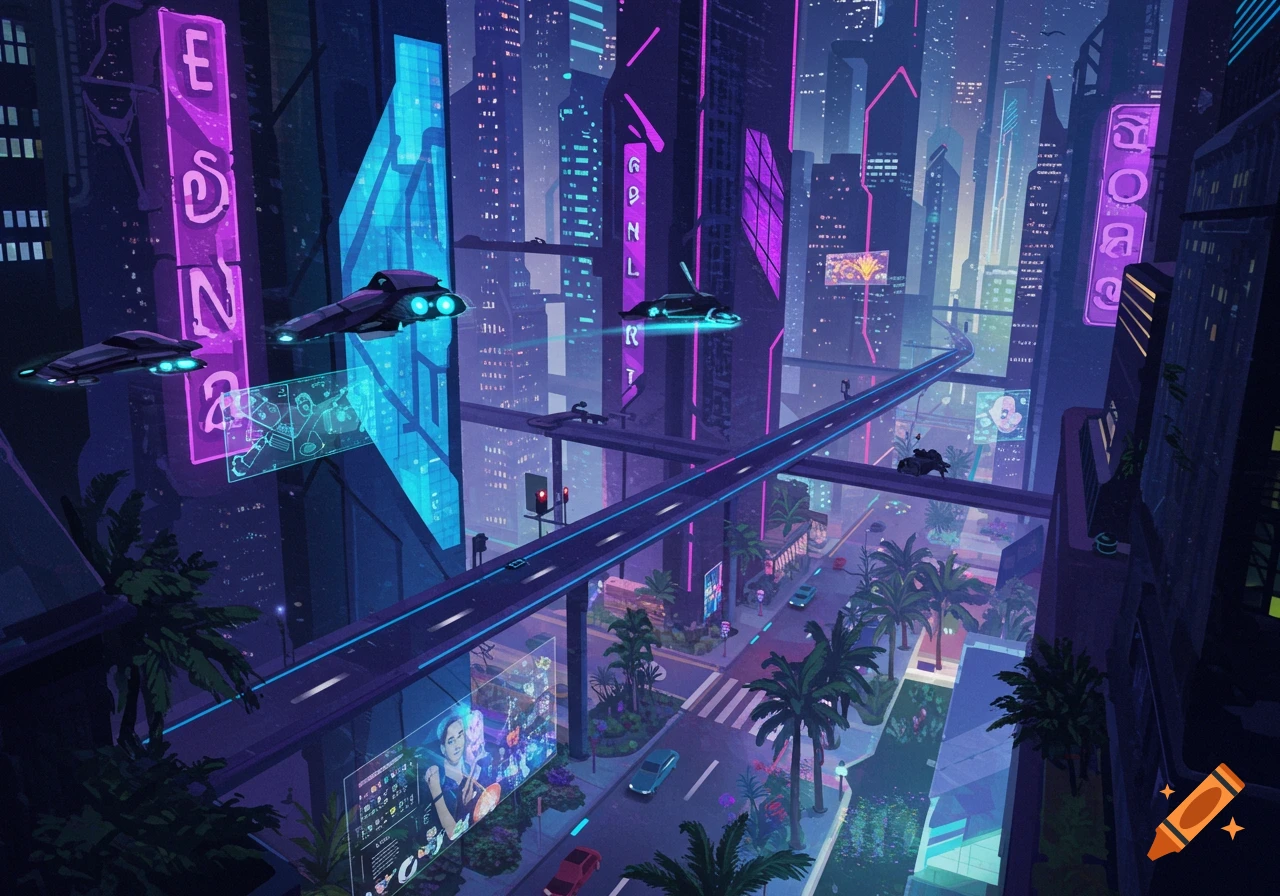 An animated cyberpunk city at night, with towering skyscrapers, neon lights, elevated highways, and flying vehicles. Palm trees line the streets below.
