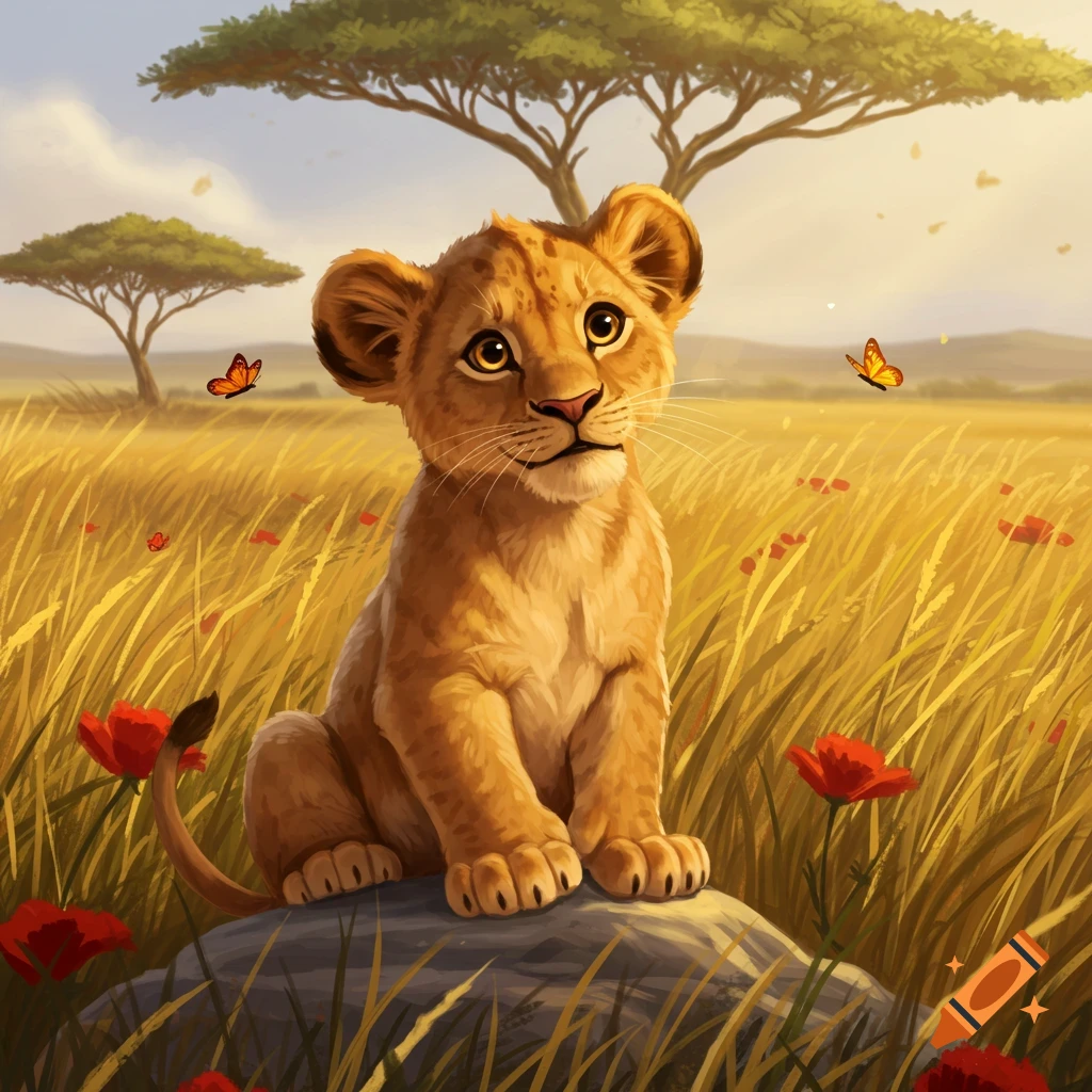 A curious lion cub sits on a rock in a golden savanna field with red poppies, under acacia trees, with butterflies fluttering around. Digital art.