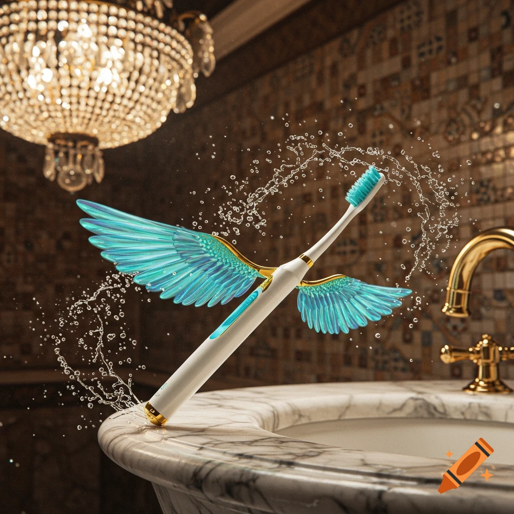 A white toothbrush with bright blue wings floats above a marble sink in a luxurious bathroom, with water splashing around it.