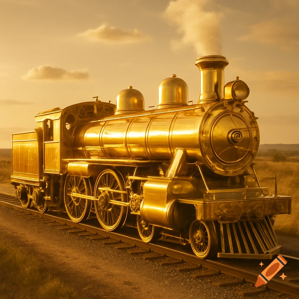A golden locomotive on tracks, with smoke rising, in a golden-hued landscape at sunset.