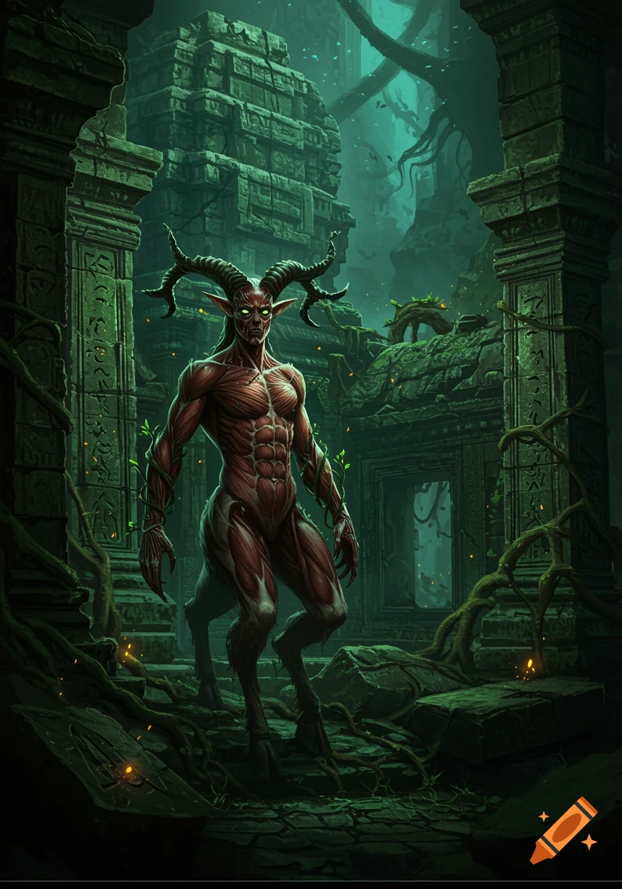 A muscular, red-skinned satyr with horns and glowing eyes stands in the overgrown ruins of an ancient green-lit temple.