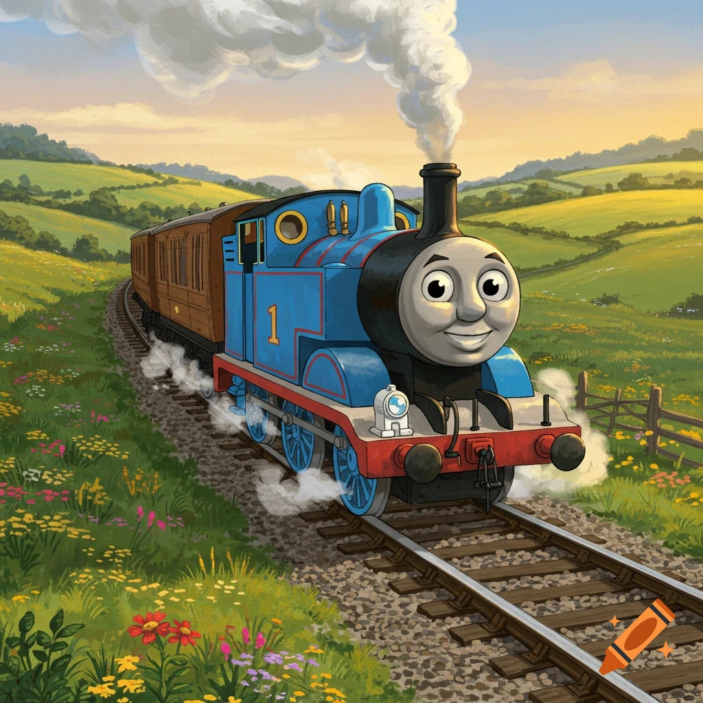 A cartoon blue train with a smiling face, number 1, pulls a carriage through a green, flowery countryside under a bright sky.