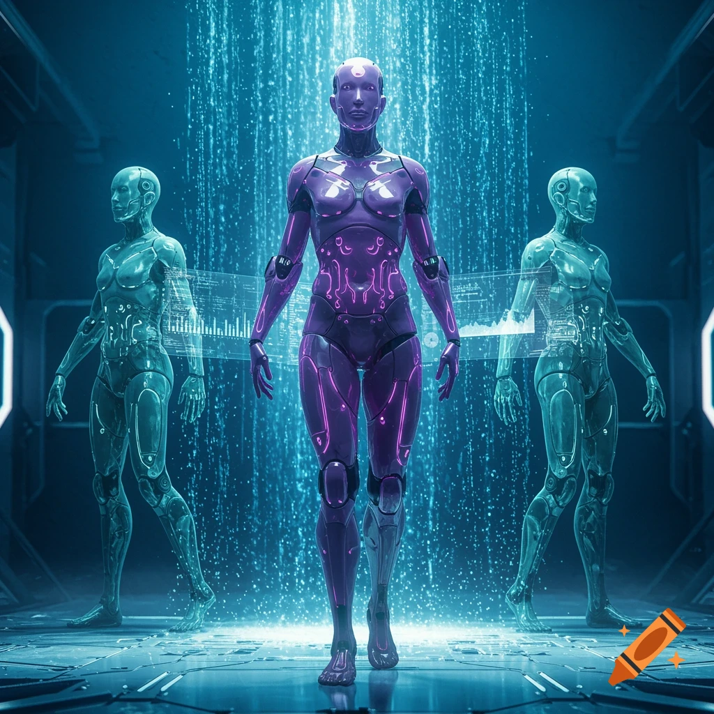 Three futuristic humanoid robots stand in a digital blue rain, with a glowing purple robot in the center and two transparent blue ones on the sides.
