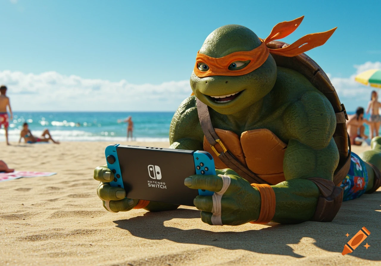 Photorealistic image of Michelangelo from TMNT playing a Nintendo Switch on a sandy beach.