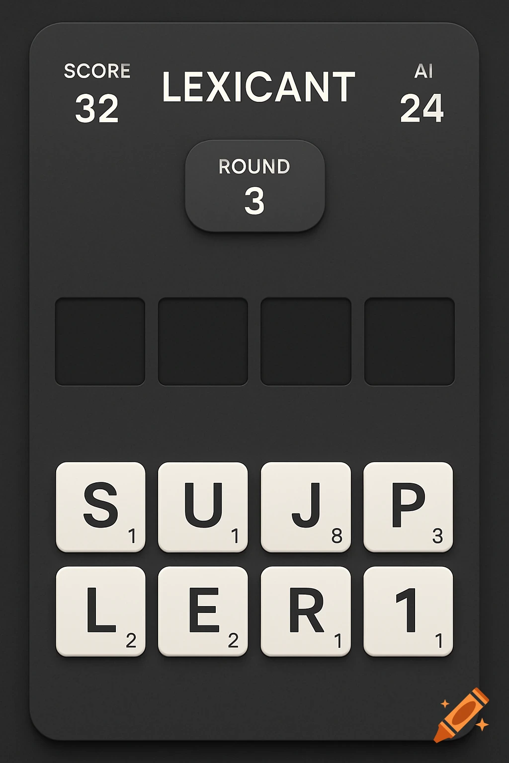 A dark gray mobile game UI for 'Lexicant' with player and AI scores, round number, blank word spaces, and player letter tiles.