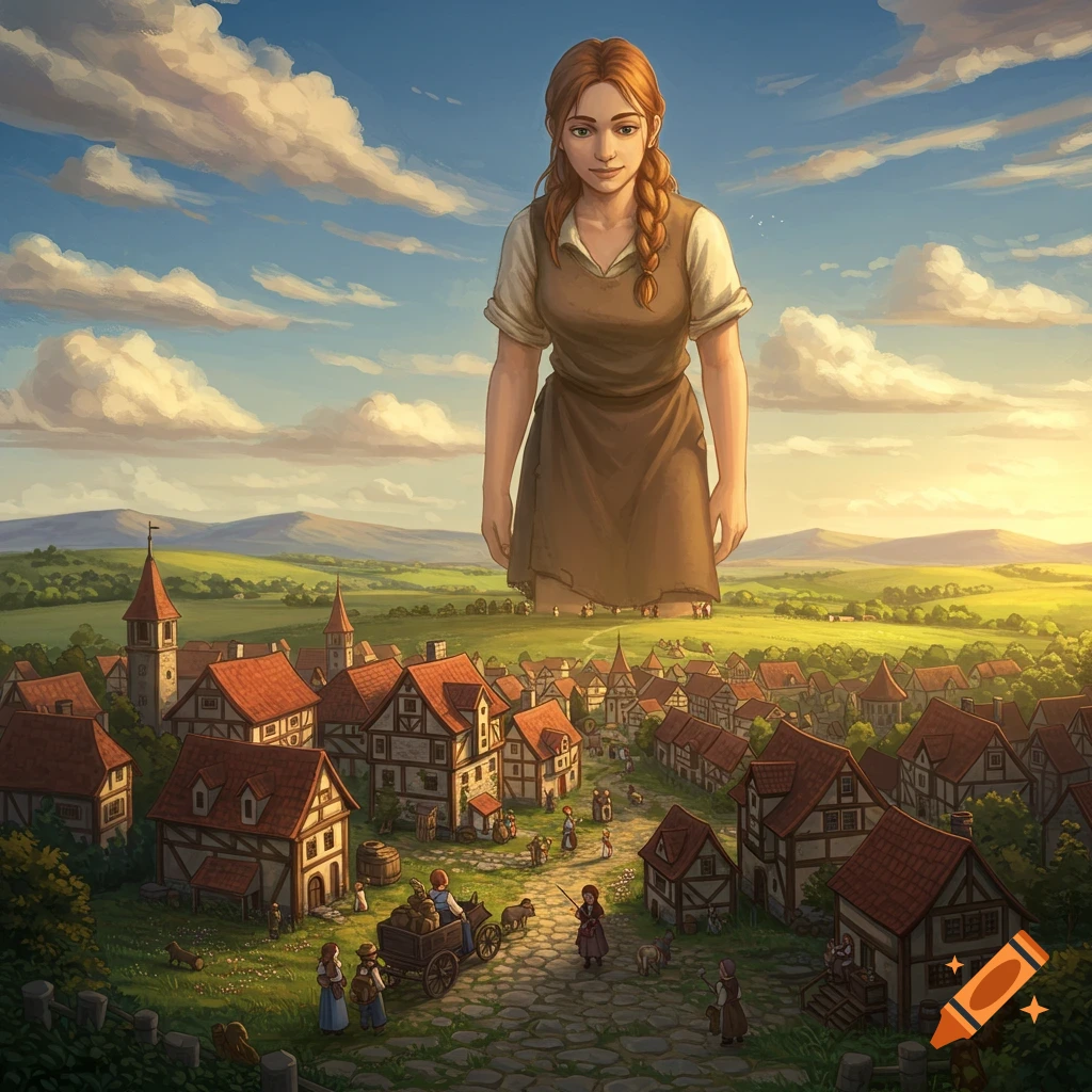 An illustrative image of a giantess towering over a quaint, shrunken fantasy village.