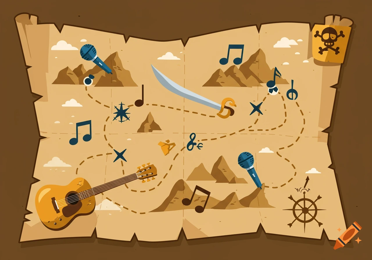 A stylized treasure map featuring musical instruments like guitars and microphones, musical notes, mountains, and a cutlass.
