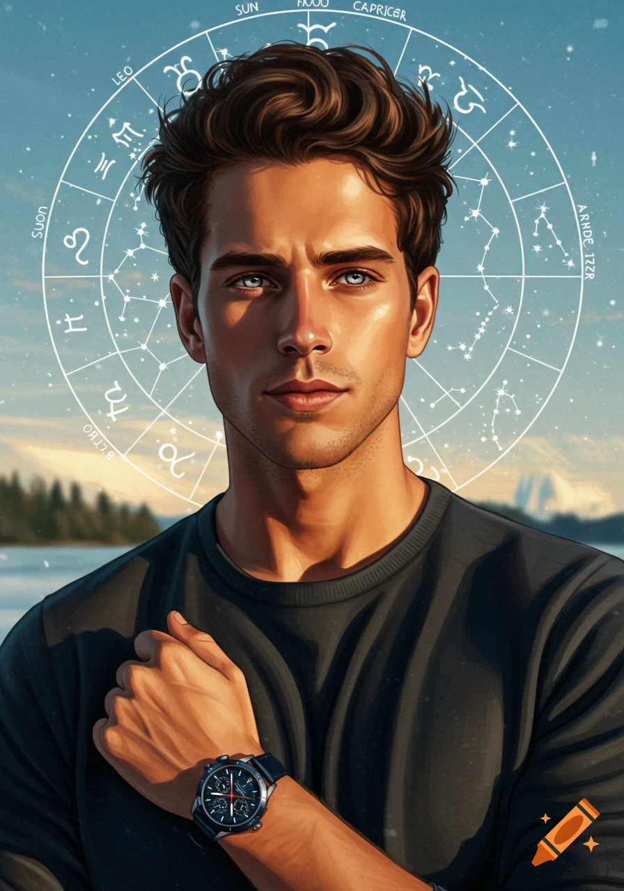A handsome man with dark wavy hair and striking blue eyes looks directly at the viewer, wearing a dark shirt and a watch. A star chart overlay with zodiac symbols and constellations surrounds his head.