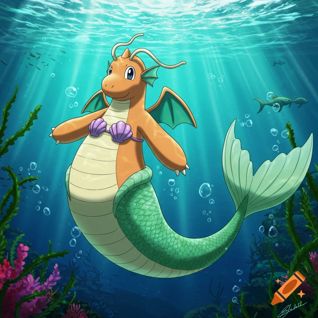 An anime-style Dragonite with a purple seashell bra and green mermaid tail swims underwater amidst sun rays, bubbles, and seaweed.