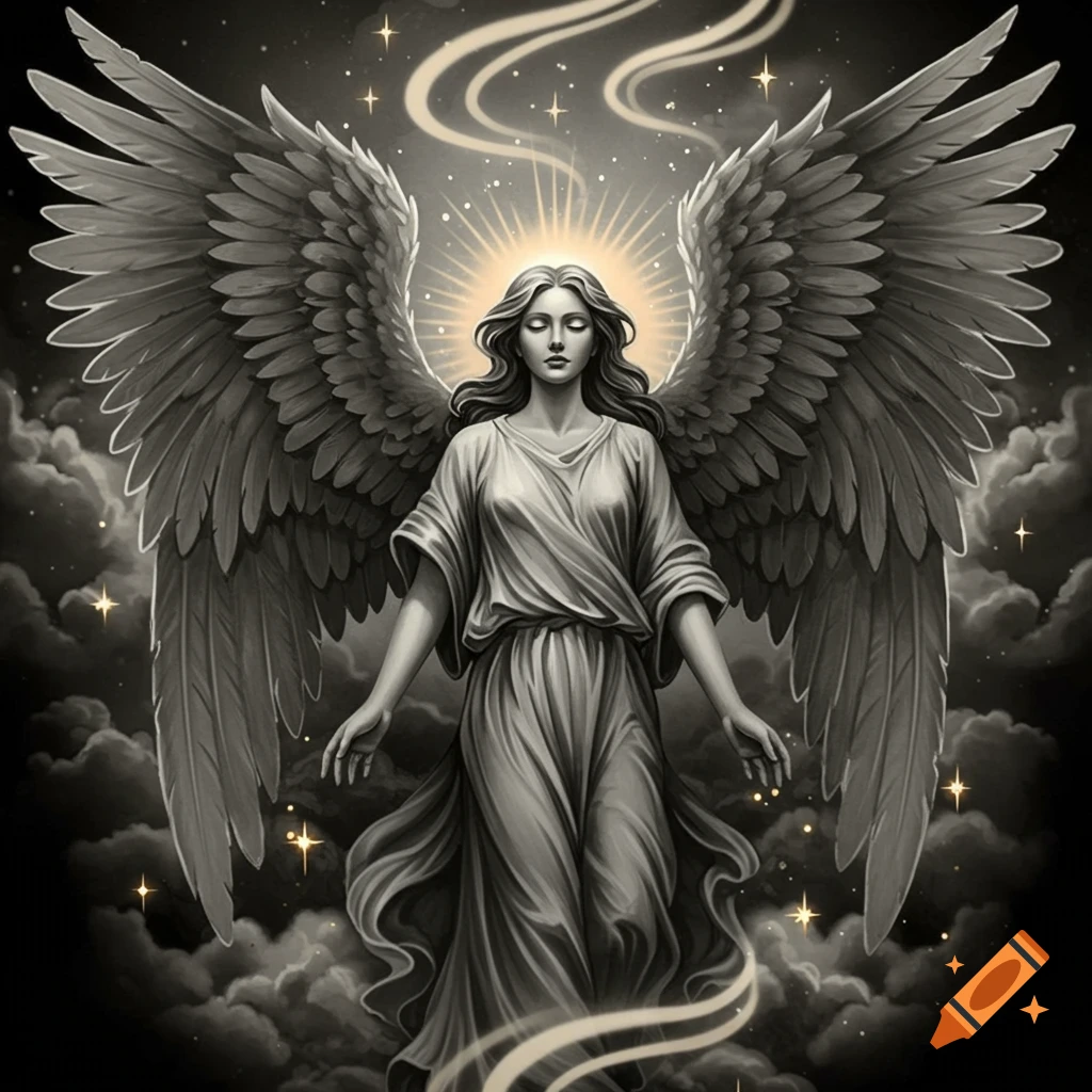 A monochromatic detailed image of an angel with large wings and a halo, surrounded by clouds and stars.